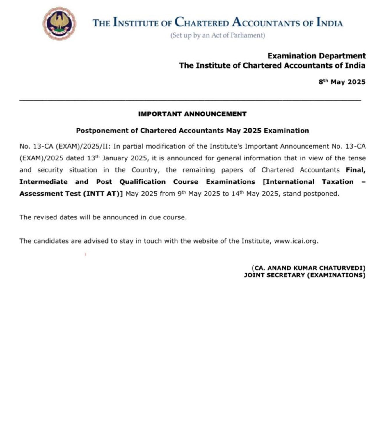 ICAI postpones CA 2025 exams amid security concerns