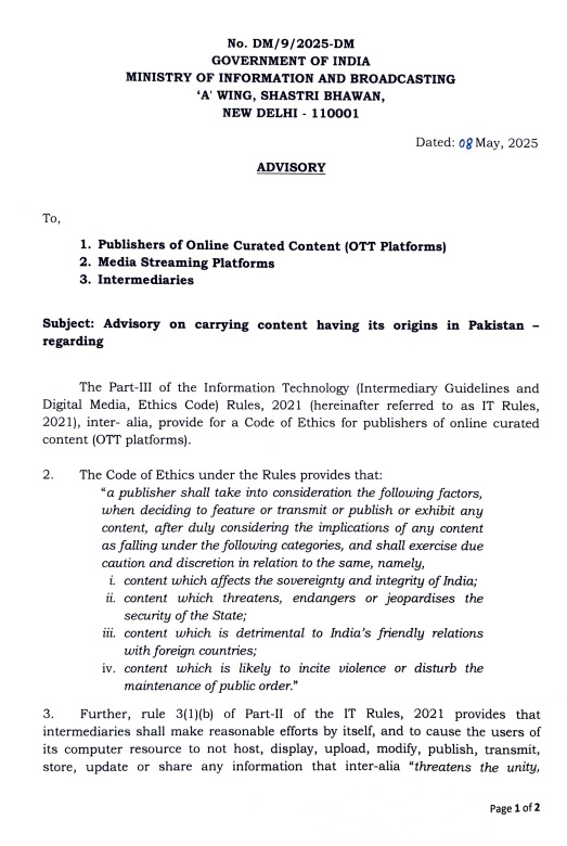 India bans Pakistani content on OTT platforms amid security concerns